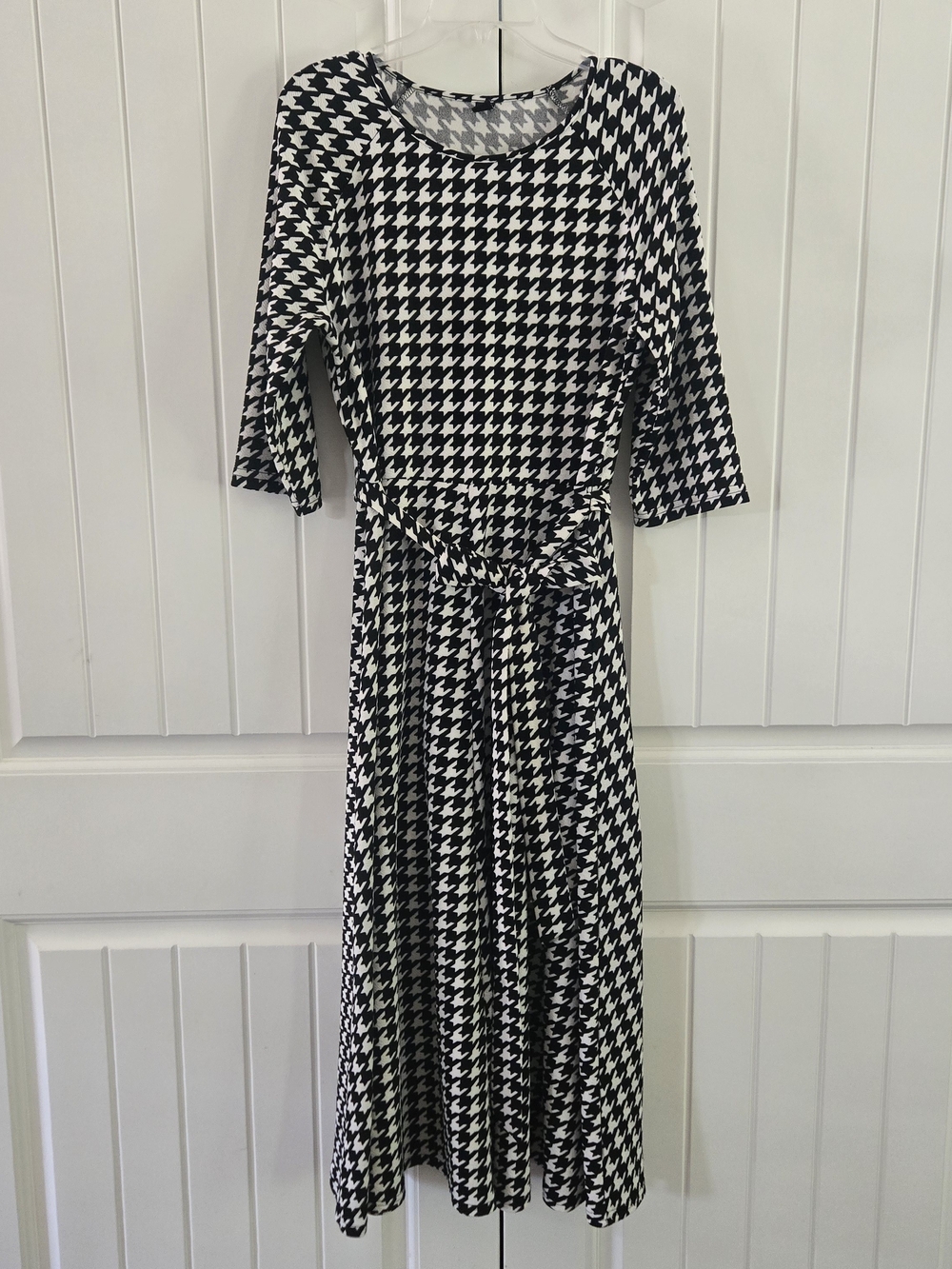 Monochrome Houndstooth Tie-Waist Midi A-Line Dress 3/4 Sleeve XL